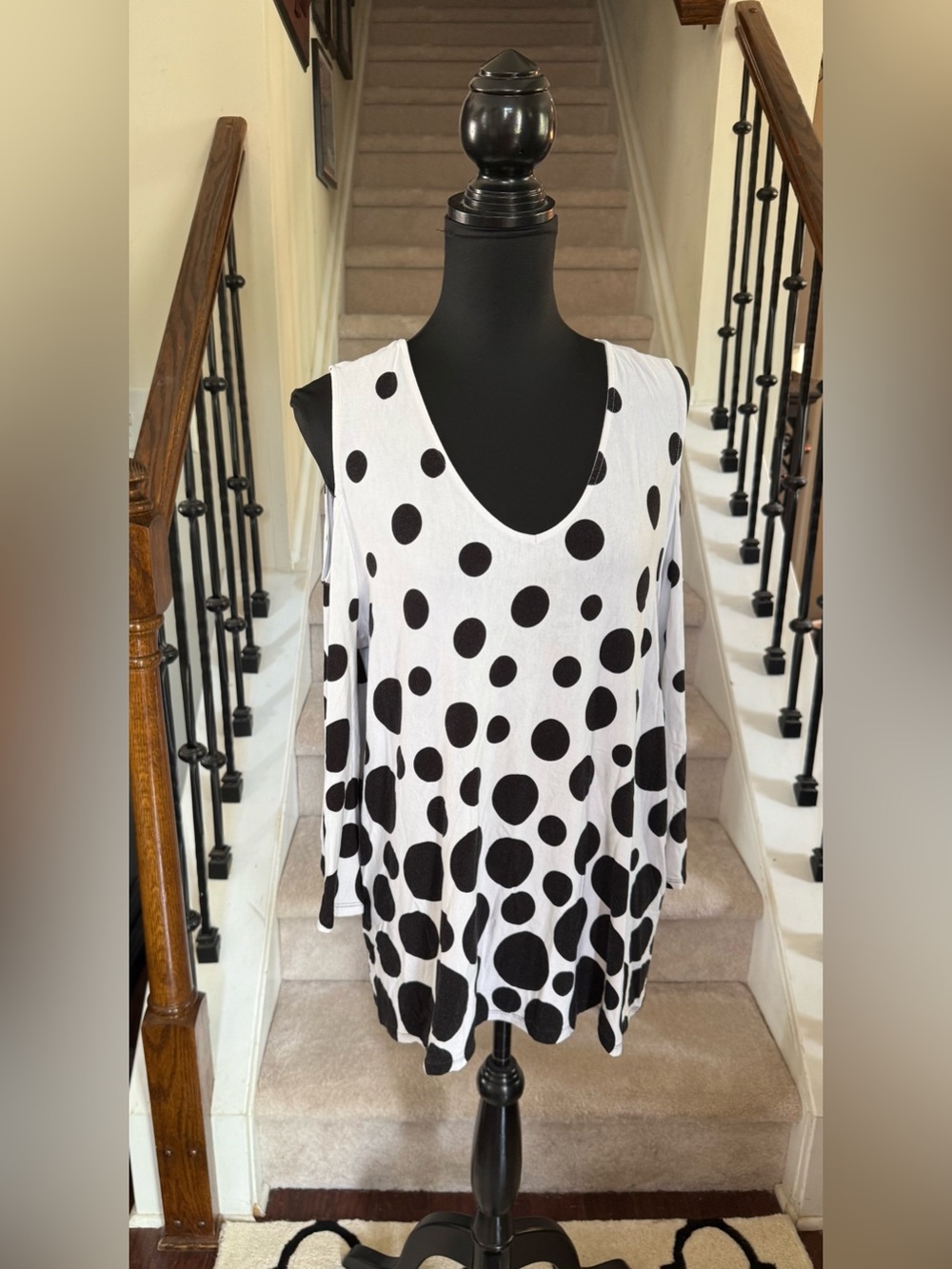 Chico's Black and White Polka Dot Cold-Shoulder Long Sleeve Top